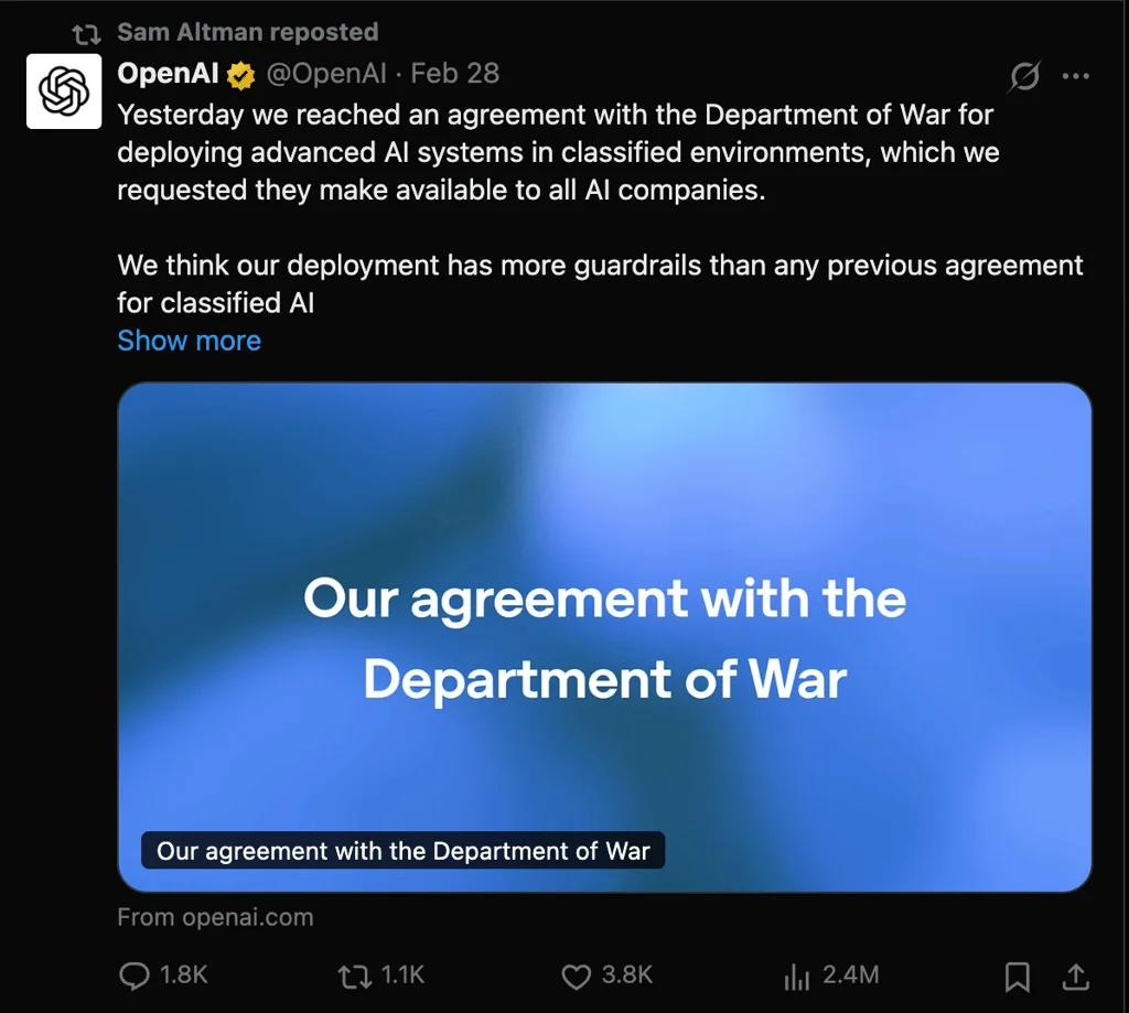 Sam Altman repost on his X account about the agreement between OpenAI and Department of War.